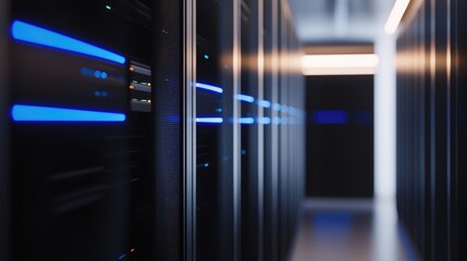 Poster - Close-up perspective of sleek data servers glowing with blue LED lights in a clean modern corridor, great for cybersecurity, cloud storage and network themes