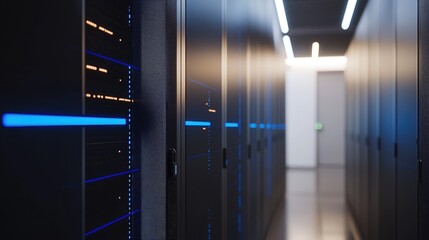 Poster - Bright server room with illuminated corridor and modern black server cabinets, perfect for tech infrastructure, networking, and information systems topics