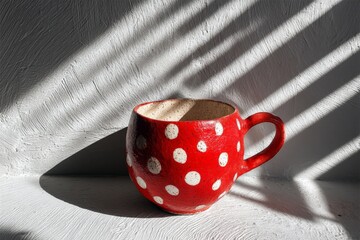 Poster - Bright red polka dot mug casting shadows on textured wall during afternoon light