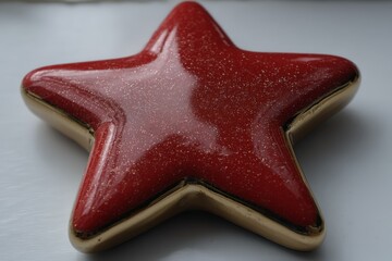 Aufkleber - Bright red star-shaped decorative item with a glossy finish and gold trim on a light background