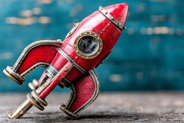 Poster - Vintage red rocket model on wooden surface with blue background in play area highlighting retro design and creativity
