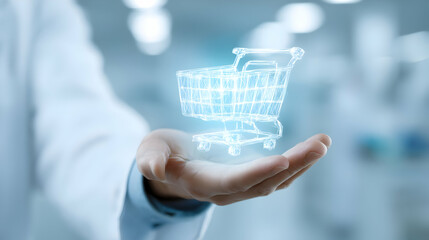 Poster - Holographic shopping cart held by a person in a medical setting.