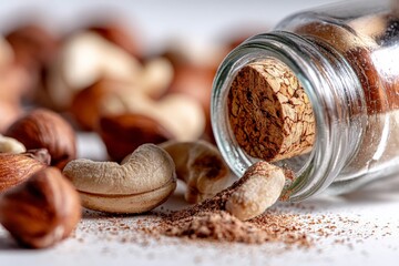 Aufkleber - Cashew nuts and hazelnuts scattered around an overturned glass jar on a white surface in a cozy kitchen setting