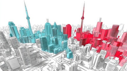 Abstract Cityscape Illustration with Modern Buildings in Blue and Red Tones with White Background