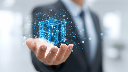 Poster - A person's hand holds a digital cube of data.