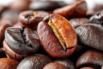 Poster - Coffee beans showcase rich textures and colors under soft lighting in a close-up view