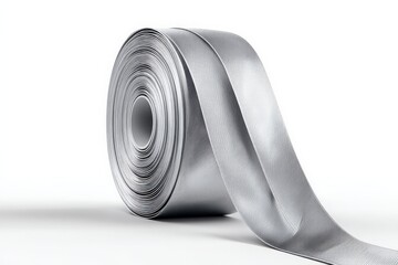 Poster - Silver ribbon coil lying on a white background ready for crafting and decorating during various occasions