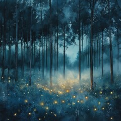 Poster - Enchanted forest illuminated by glowing fireflies creating a magical nighttime atmosphere