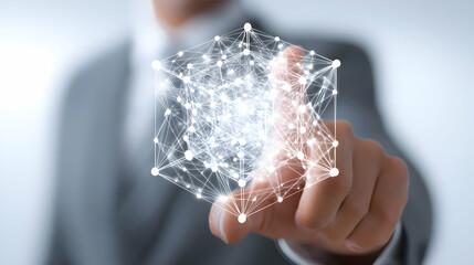 Poster - A person interacts with a digital network cube structure.