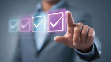 Poster - Businessperson interacts with glowing checkboxes on a display.