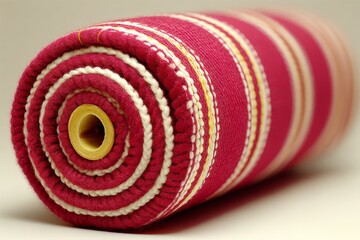 Aufkleber - Decorative textile rolled up in vibrant red and cream pattern displayed on a neutral background for home decor inspiration