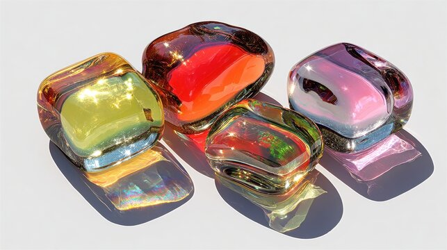 set of abstract shapes with glass texture and colorful reflections isolated on white 3d rendering illustration.stock image