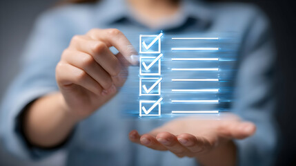 Poster - Person marking digital checklist with glowing symbols.