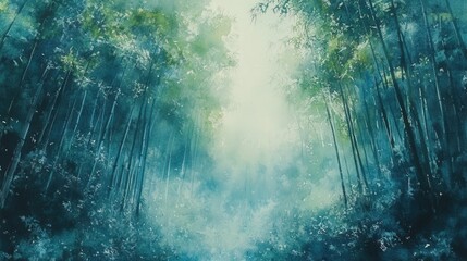 Poster - Lush forest scene featuring tall trees with vibrant green leaves in a tranquil natural environment