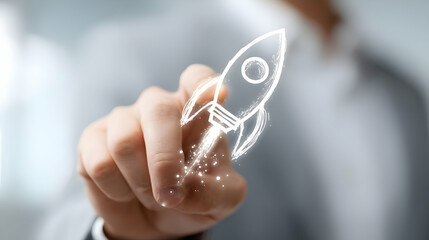 Poster - Hand drawing a rocket ship in the air.