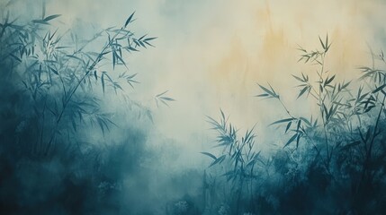 Poster - Tranquil bamboo leaves shrouded in ethereal mist creating a serene natural atmosphere