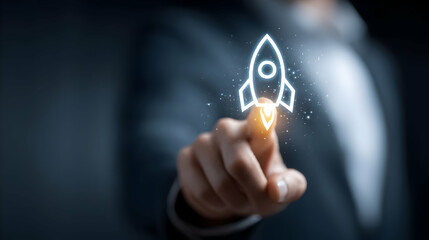 Poster - A person launching a digital rocket icon.