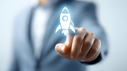 Poster - Businessperson activates a digital rocket icon.