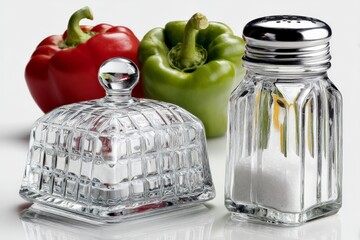 Aufkleber - Glass salt shaker and sugar bowl beside red and green bell peppers on a reflective surface