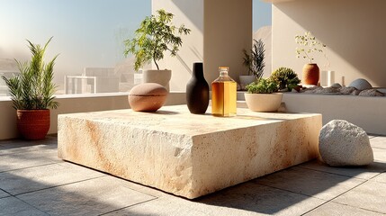 Poster - stone platform for product showcase beige empty platform mock up generative ai.stock image