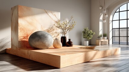 Poster - stone platform for product showcase beige empty platform mock up generative ai,stock photo