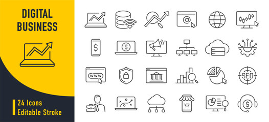 Poster - Digital Business web icons in line style. Marketing, data management, social network, business technology, information technology, collection. Vector illustration.