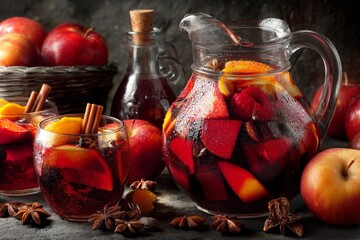 Aufkleber - Refreshing fruit punch served in a glass with a pitcher and fresh apples on a dark wooden surface