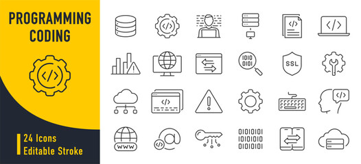 Poster - Programming and coding web icons in line style. Information technology, developer, idea, advertising, app, archive, collection. Vector illustration.