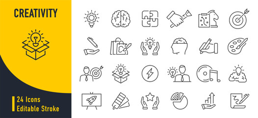 Poster - Creativity web icons in line style. Creativity, Finding solution, Brainstorming, technology, teamwork, Inspiration, Creative thinking, Brain. Vector illustration.