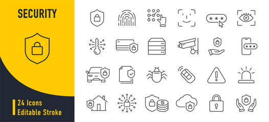 Poster - security web icons in line style. guard, cyber security, password, smart home, safety, data protecti