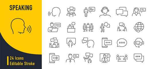 Poster - Speaking web icon in line style. Chat, speech bubble, talking, point, chat, support, message, phone, globe, call, info collection. Vector illustration.