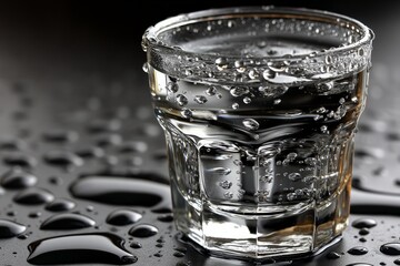 Poster - Reflection of a glass filled with sparkling water on a wet surface in a dimly lit environment