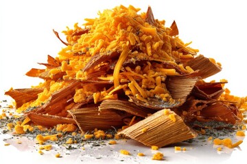 Poster - Wood shavings and grated material piled together in an artistic arrangement on a white background