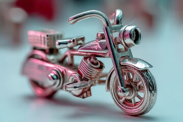 Poster - Silver miniature motorcycle sits on a soft surface surrounded by a bokeh background during a creative lighting setup