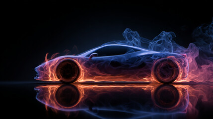 Poster - Futuristic sports car design concept with fire and smoke digital art wallpaper background hd image