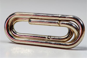 Poster - Metal paperclip placed on a white surface with a focus on its unique design and smooth finish, highlighting its functionality and simplicity