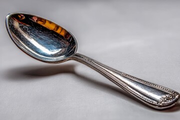 Poster - Detailed close-up of a vintage silver spoon resting on a textured surface showcasing intricate design and reflective quality