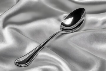 Aufkleber - Reflective stainless steel spoon placed elegantly on soft silver fabric