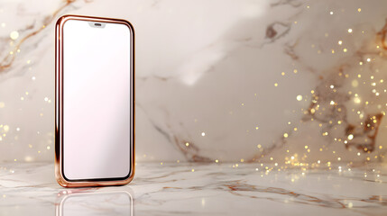 Poster - Rose Gold Smartphone Mockup: A sleek rose gold smartphone with a blank screen rests on a marble surface, adorned with shimmering golden bokeh lights.