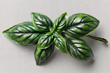 Poster - Realistic green basil leaves displayed on a light fabric background highlighting the intricate details and vibrant colors of the herb