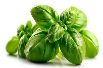 Poster - Fresh basil leaves glistening with water droplets ready for culinary use in a bright kitchen setting