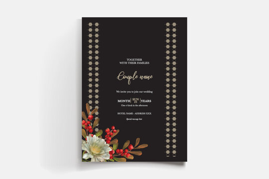WEDDING INVITATION FRAME WITH FLOWER DECORATIONS AND FRESH LEAVES