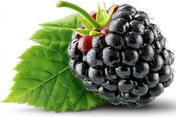 Poster - Fresh blackberries resting on green leaf with droplets of water showing their natural shine