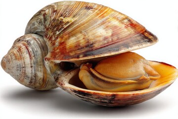 Poster - Colorful seashell revealing a clam resting inside on a white surface