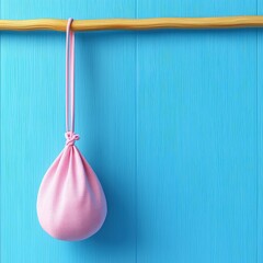 Poster - Pink bag hanging on a blue wall creating a stylish contrast and eye-catching aesthetic appeal