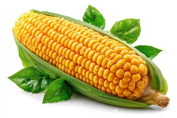 Poster - Fresh corn on the cob with green leaves and water droplets captured in a bright light background