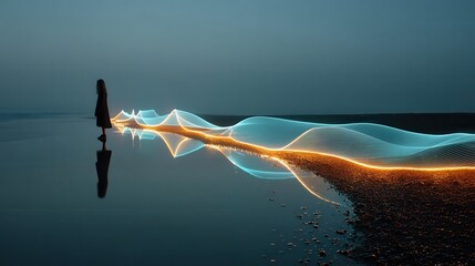 Aufkleber - technology style whit net glowing wave,glowing line glow wave,glow line , carefree young woman walking on beach and laughing,photo stocks