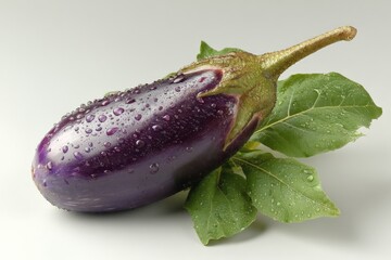 Poster - Fresh eggplant with water droplets on green leaves, perfect for healthy cooking and vibrant dishes