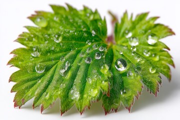 Poster - Fresh green leaf covered in water droplets captured in close up