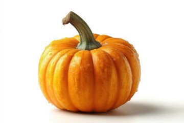 Poster - Bright orange pumpkin sits on a white background, showcasing its textured skin and green stem during autumn harvest season
